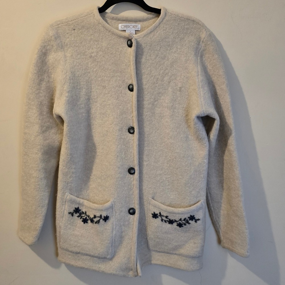 Vintage 90s Cherokee Cardigan Women Small Beige Wool Floral Embroidered Sweater